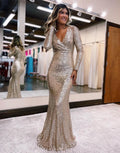Elegant Sheath V-Neck Long Sleeves Sequin Prom Dress