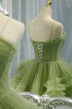Elegant Straps Pleated Green Tiered Tulle Prom Formal Dress  PSK417