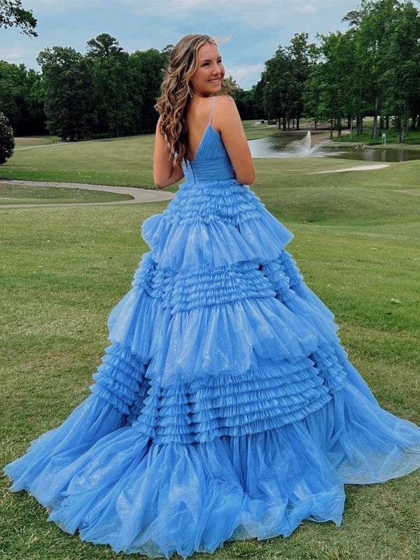 Elegant Tulle Ball Gown V Neck Side Split Layered Long Prom Dress