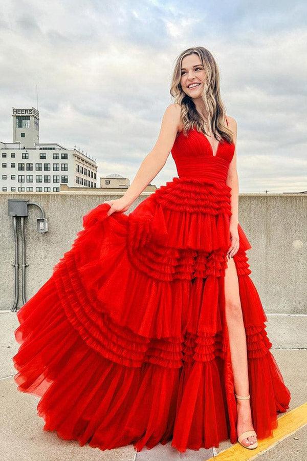 Elegant Tulle Ball Gown V Neck Side Split Layered Long Prom Dress