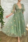 Elegant Green Tea Length Half Sleeves Prom Dresses Short Homecoming Dresses