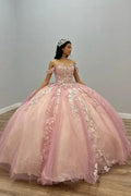 Off The Shoulder Pink Tulle Appliques Ball Gown Quinceanera Dress Y5882