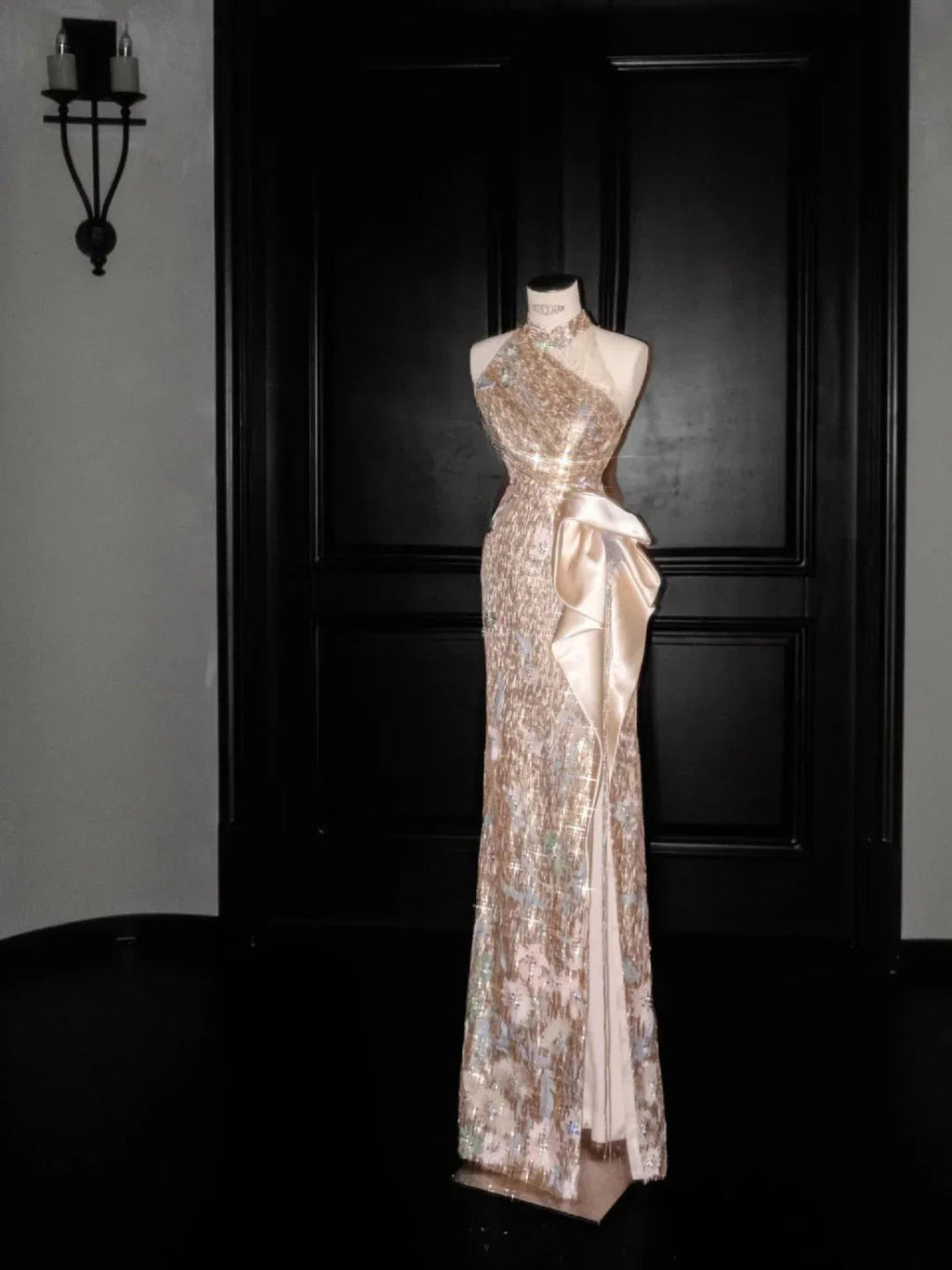 Glitter Champagne Gold Sequin Sheath Prom Dress Halter Long Evening Dress Y8653
