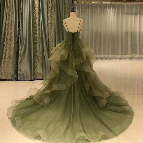 Green Straps Sweetheart Tulle Long Evening Dress Green Layered Tulle Prom Dress Y987