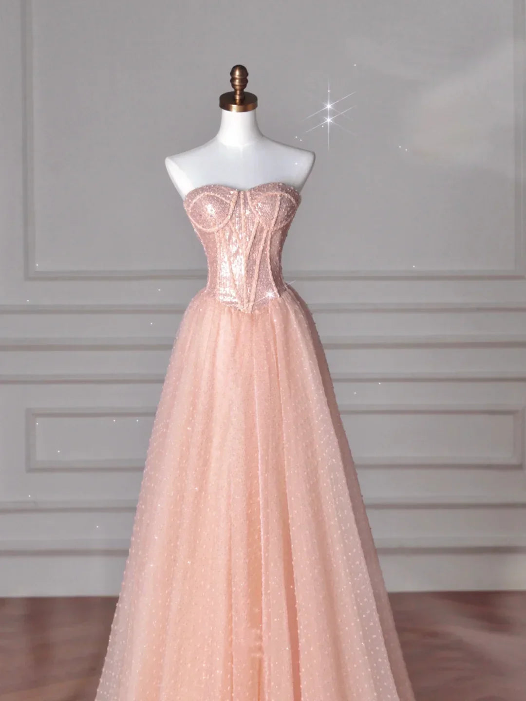 Pretty Peach Pink Strapless Sequins Tulle A Line Long Prom Dress Evening Dress Y8645