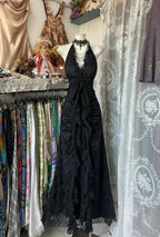 Vintage V Neck Black Chiffon Lace Evening Dress Long Prom Dress Y7813