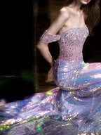 Glitter Off Shoulder Beaded Sequin Mermaid Prom Purple Formal Evening Gown Y8182
