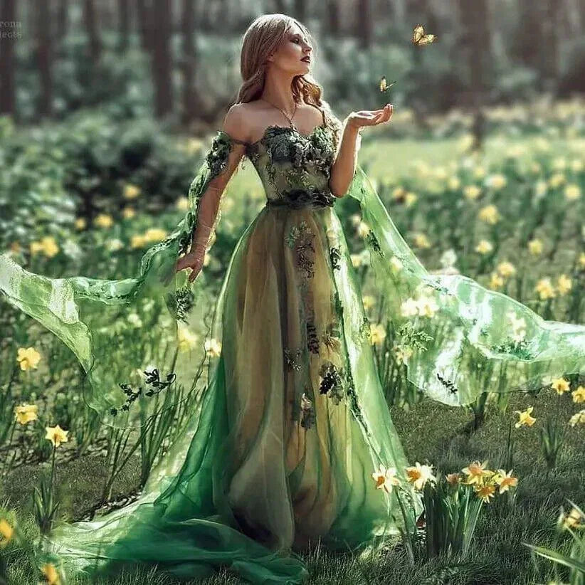 Unique Green Off Shoulder Long Sleeves Tulle Lace Appliques Evening Dress Formal Party Prom Dress Y8390