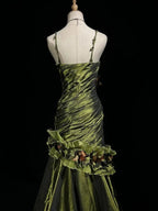 Vintage Dark Green Irregular Neckline Satin Beaded Evening Dress Ruched Mermaid Prom Dress Y8560