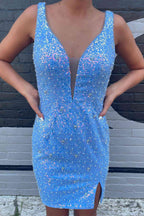 Sheath Sky Blue Sequins Homecoming Dress