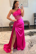 Sheath One Shoulder Pleated Satin Long Prom Dress