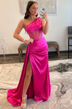 Sheath One Shoulder Pleated Satin Long Prom Dress