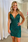 Sheath Deep V Neck Appliques Homecoming Dress
