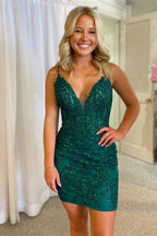 Sheath Deep V Neck Appliques Homecoming Dress