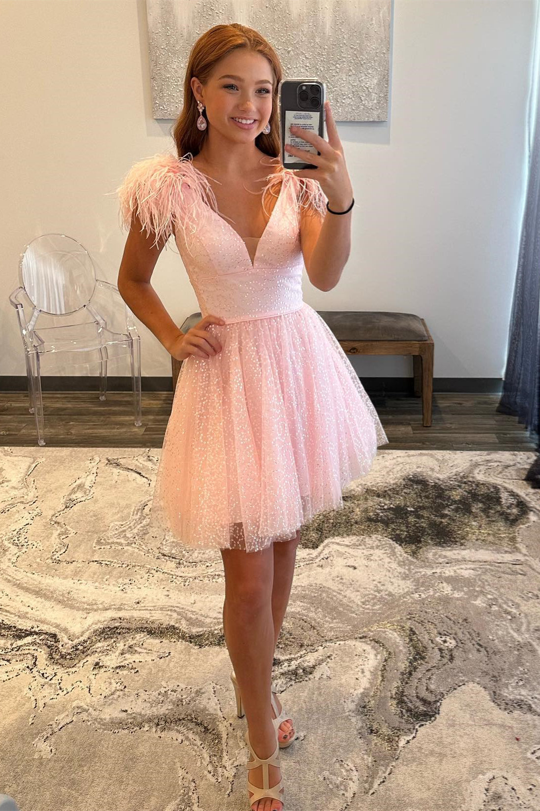 A-line Deep V Neck Tulle Homecoming Dress with Feathers