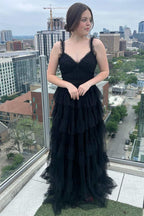Roycebridal Yasmine | V-Neck Black Layered Tulle A-Line Prom Dress