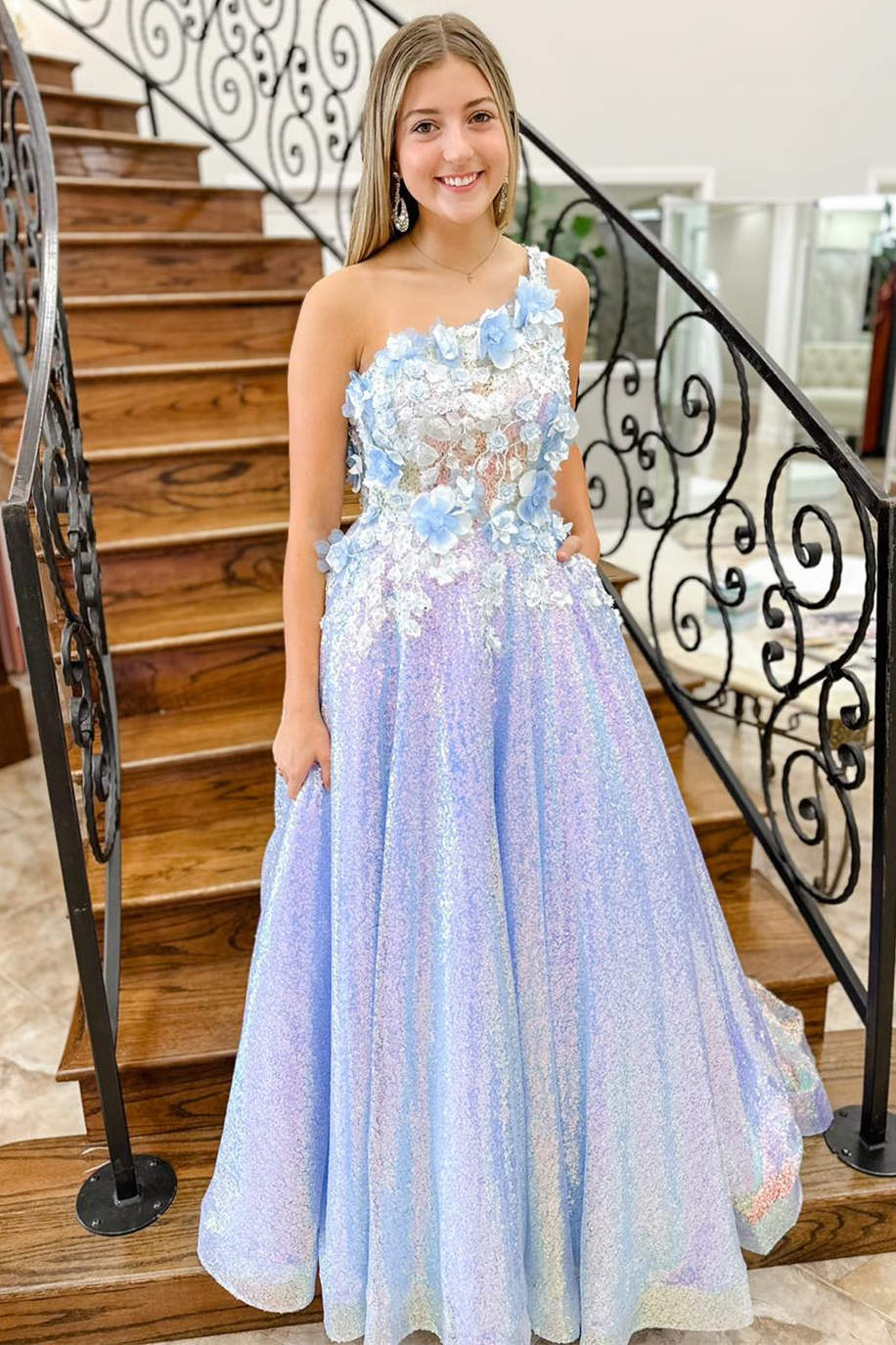 One Shoulder 3D Flowers Sequin Long Formal Dress