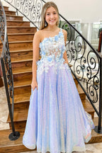 One Shoulder 3D Flowers Sequin Long Formal Dress
