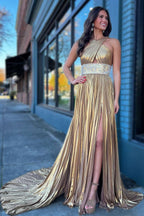 Pleated Criss Cross Straps Metallic Long Prom Dress