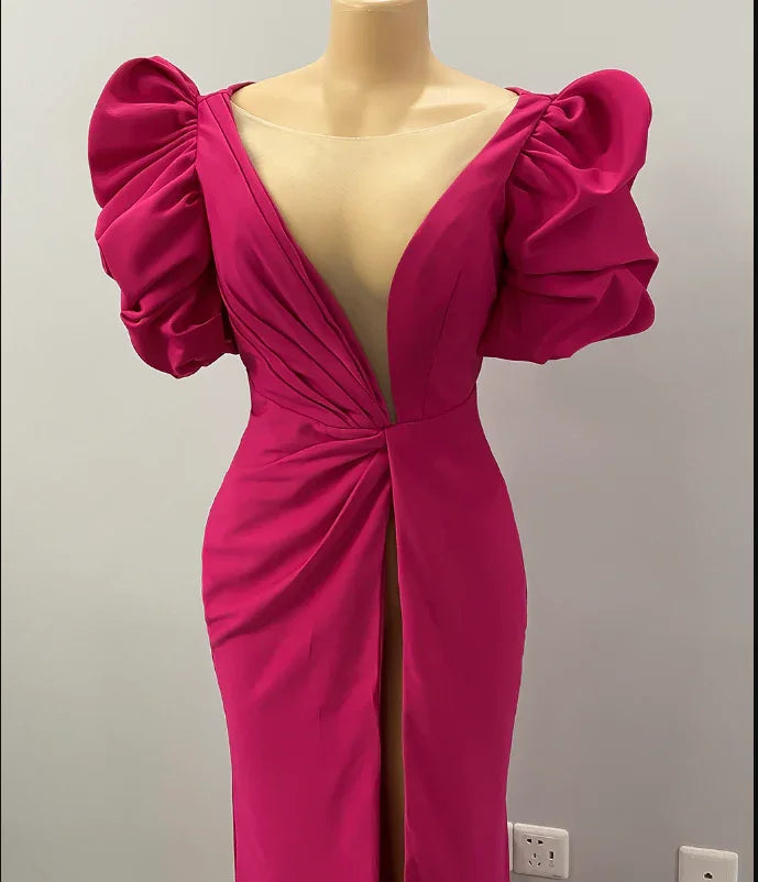 High Split Mermaid Long Evening Dress Hot Pink African Party Dress Y1900