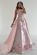 Gorgeous Pink Strapless Satin Appliques Evening Dress Formal Prom Dress Y8427