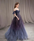 Dark starry sky purple tulle long prom dress purple evening dress Y5847