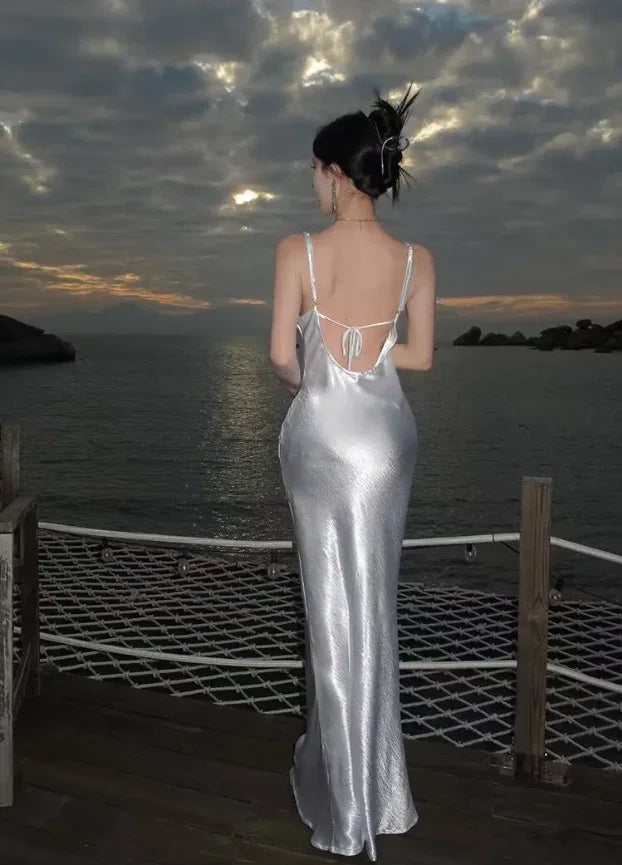 Simple White Satin Backless Long Prom Evening Dress Y7841