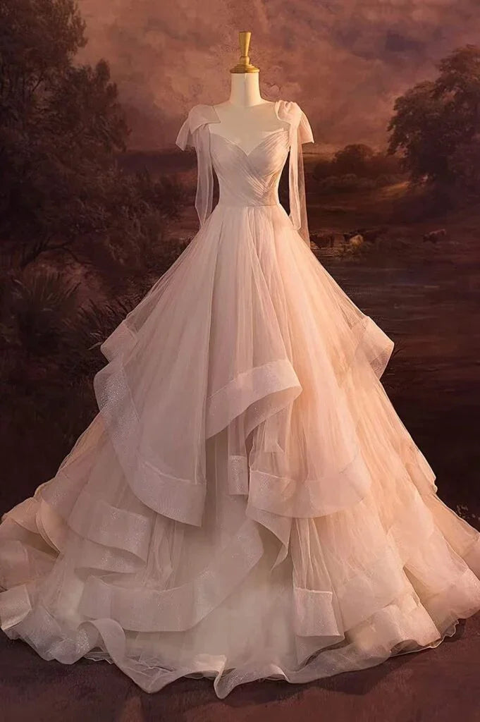Light Pink Tulle Sequins tiered Prom Dress Evening Dress Y8389
