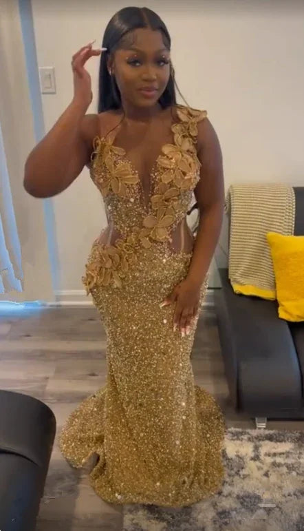 Luxurious Gold Sequins Appliques Evening Dress Mermaid Prom Dress Y7880