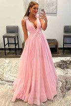 Feathers Backless Pink Plunging V-Neck Tulle Long Formal Dress