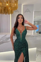 Floor-Length Dark Green Straps Sweetheart Column Split Front Prom Dresses with Sequins