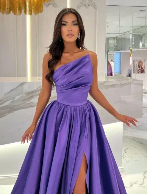 Floor-Length Stain A-Line One Shoulder Split Front Sleeveless Prom Dresses with Ruffles