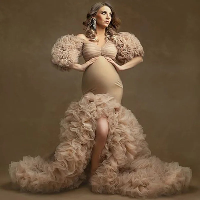 Floral Ruffled Bridal Maternity Dresses Sexy Slit Puffy Sleeve Elastic Custom Made Women Mermaid Party Dresses Stretchy Gown
