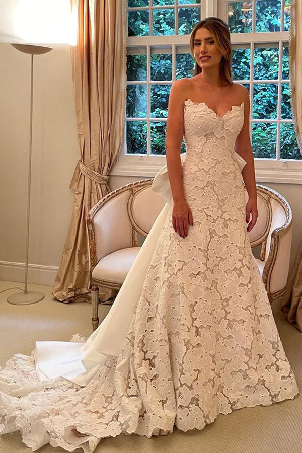 Floral Lace Strapless A Line Boho Ivory Wedding Dress with Satin Bowtie