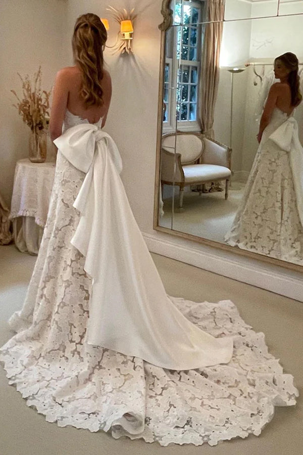 Floral Lace Strapless A Line Boho Ivory Wedding Dress with Satin Bowtie
