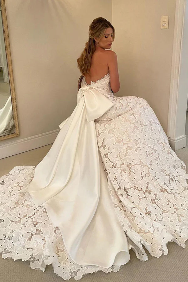 Floral Lace Strapless A Line Boho Ivory Wedding Dress with Satin Bowtie