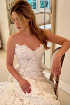 Floral Lace Strapless A Line Boho Ivory Wedding Dress with Satin Bowtie