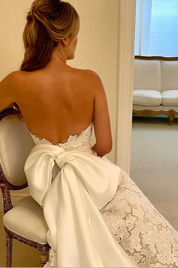 Floral Lace Strapless A Line Boho Ivory Wedding Dress with Satin Bowtie