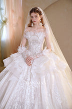 Regal Off-Shoulder Crystal Ball Gown Wedding Dress with Cathedral Train & 3D Lace Appliqués