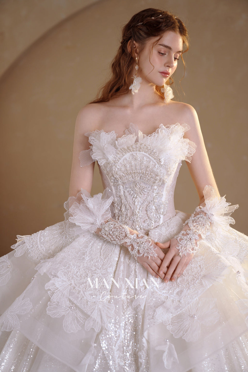 Ethereal Strapless 3D Floral Ball Gown Wedding Dress with Cathedral Train & Glitter Tulle