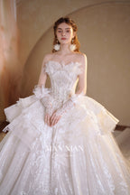 Regal Off-Shoulder Crystal Ball Gown Wedding Dress with Cathedral Train & 3D Lace Appliqués