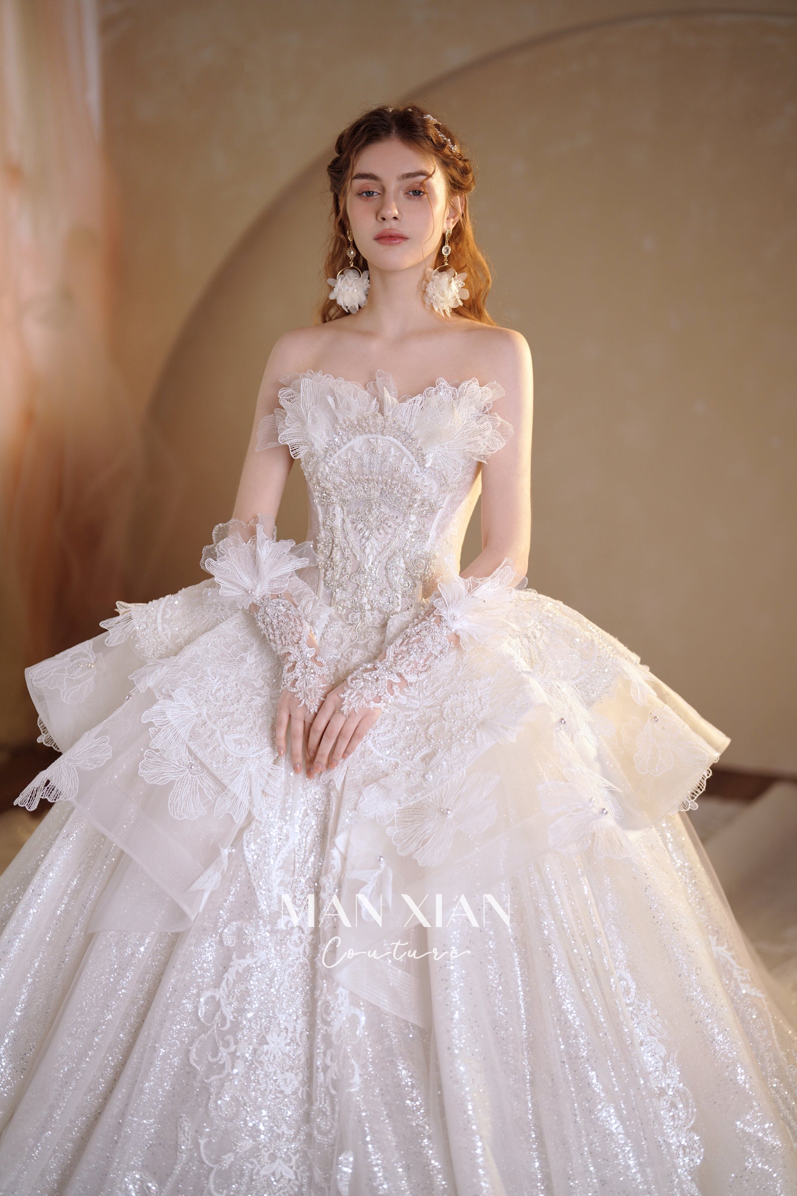 Regal Off-Shoulder Crystal Ball Gown Wedding Dress with Cathedral Train & 3D Lace Appliqués