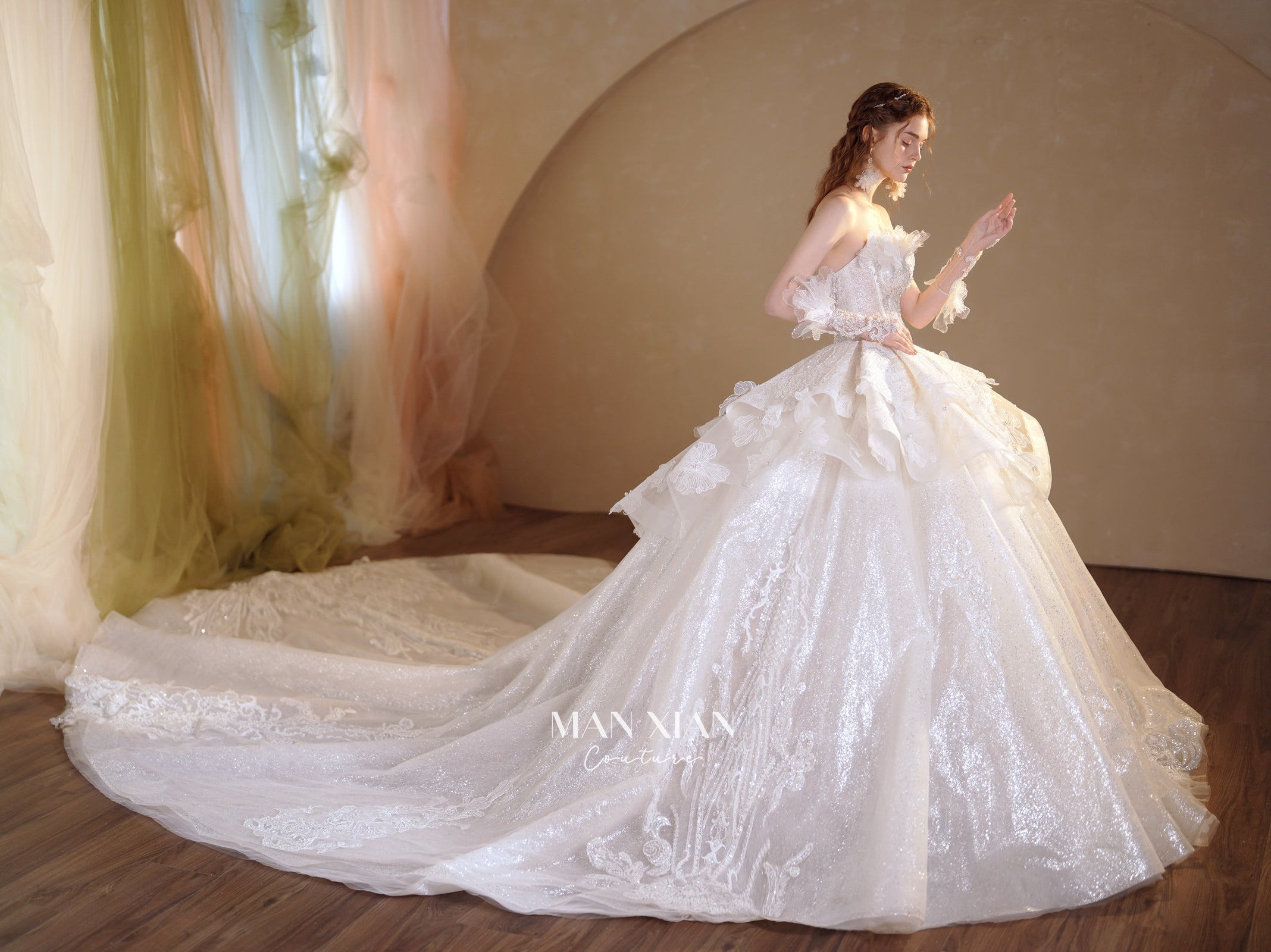 Ethereal Strapless 3D Floral Ball Gown Wedding Dress with Cathedral Train & Glitter Tulle