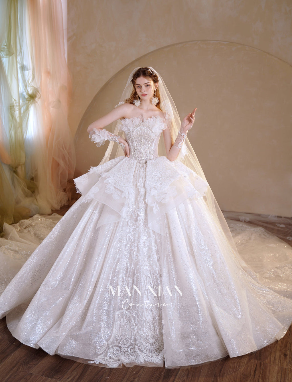 Ethereal Strapless 3D Floral Ball Gown Wedding Dress with Cathedral Train & Glitter Tulle