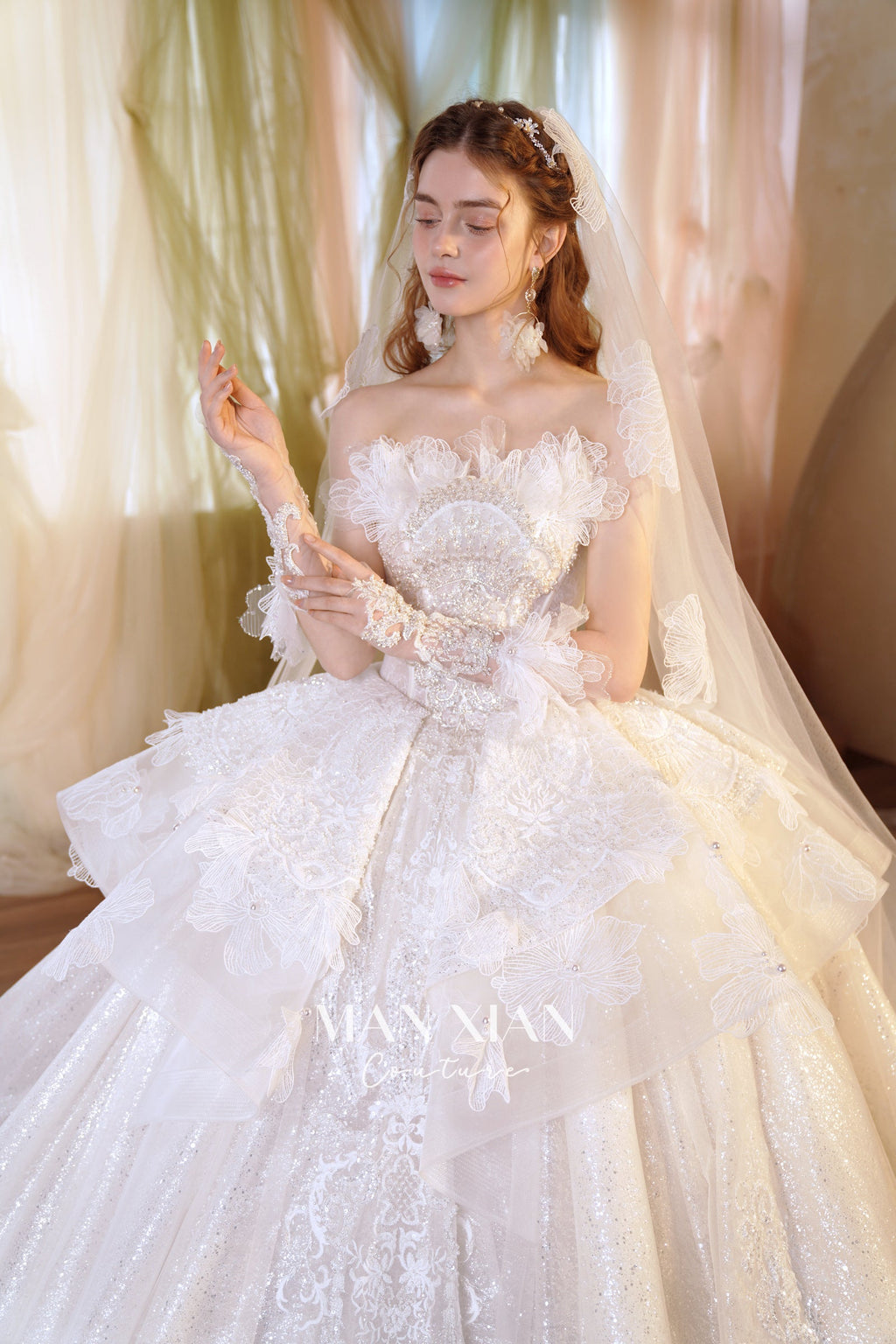 Ethereal Strapless 3D Floral Ball Gown Wedding Dress with Cathedral Train & Glitter Tulle
