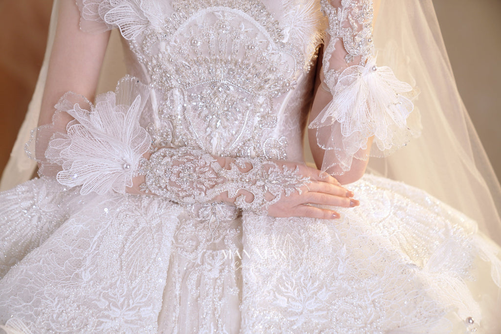 Ethereal Strapless 3D Floral Ball Gown Wedding Dress with Cathedral Train & Glitter Tulle