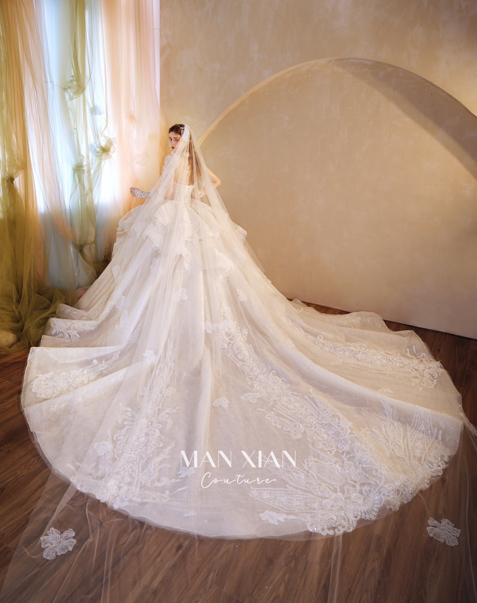 Ethereal Strapless 3D Floral Ball Gown Wedding Dress with Cathedral Train & Glitter Tulle