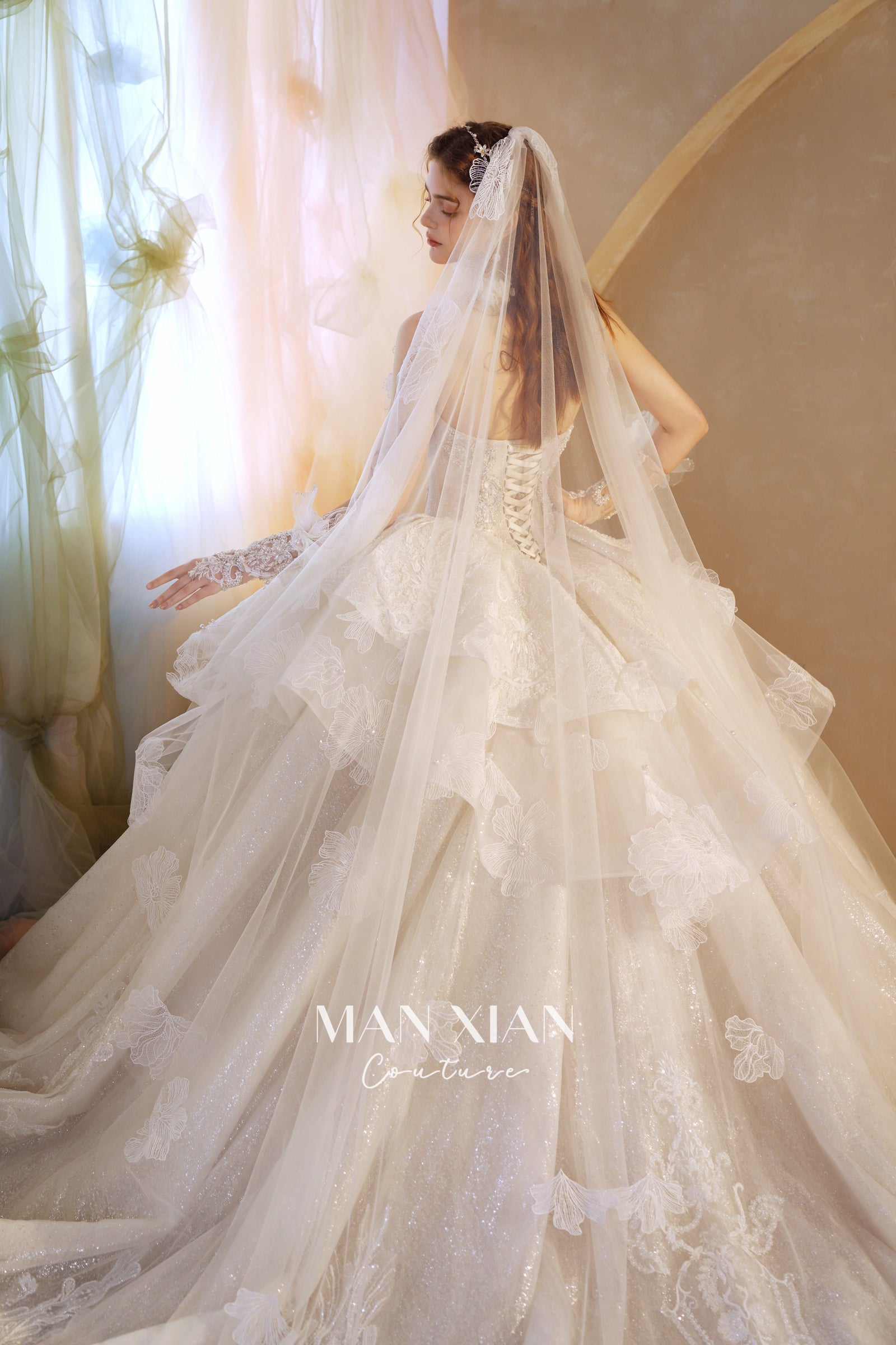 Regal Off-Shoulder Crystal Ball Gown Wedding Dress with Cathedral Train & 3D Lace Appliqués