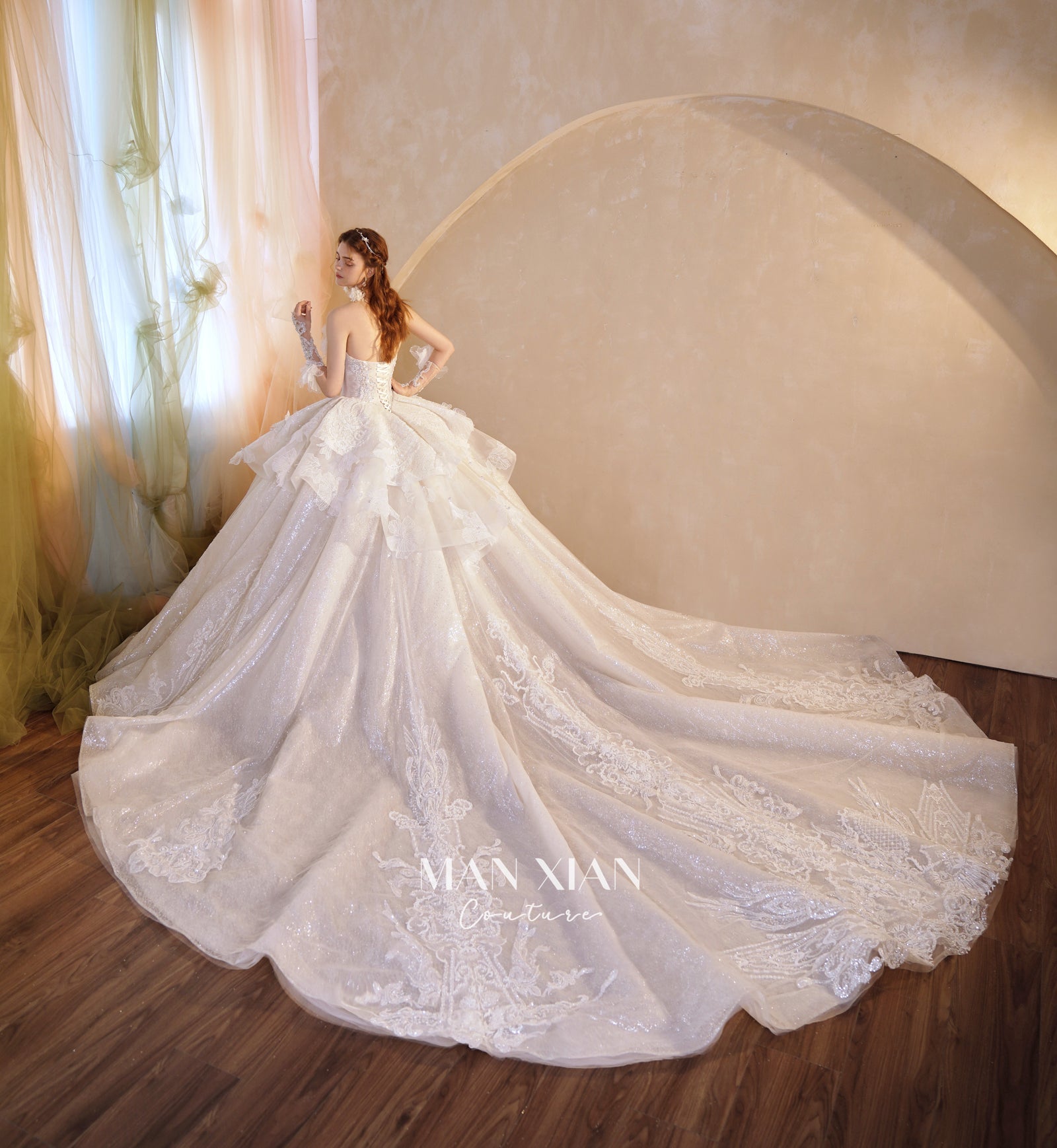Ethereal Strapless 3D Floral Ball Gown Wedding Dress with Cathedral Train & Glitter Tulle