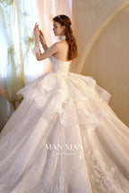Regal Off-Shoulder Crystal Ball Gown Wedding Dress with Cathedral Train & 3D Lace Appliqués